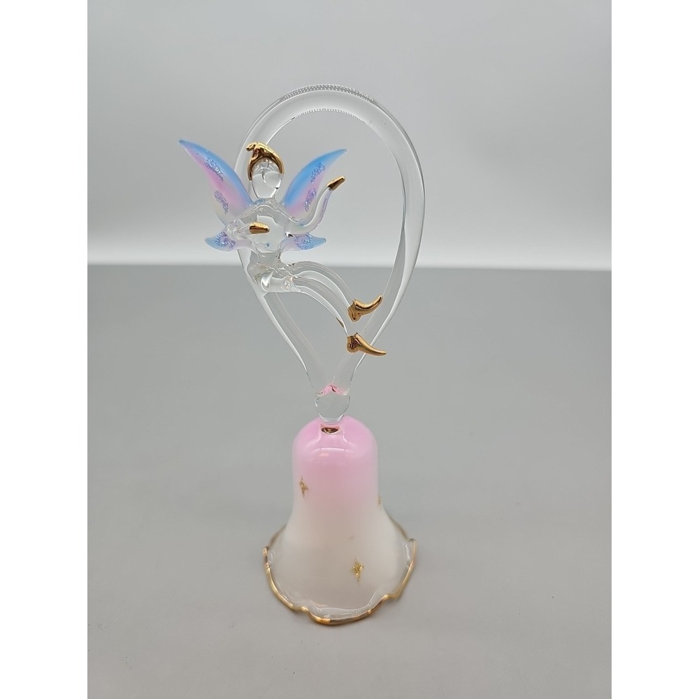 Art Glass Dainty Crystal Fairy Glass Bell 7" Tall Pink Blue Gold‎ Trim Vintage